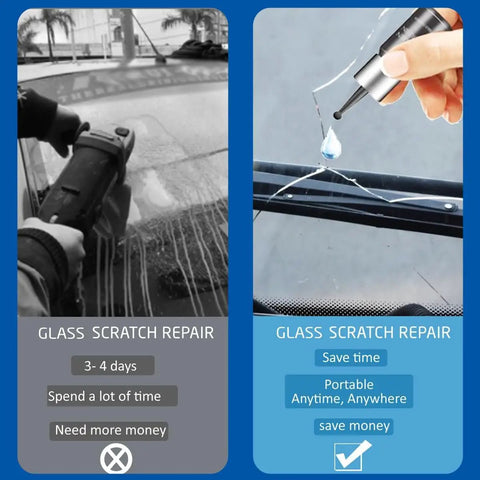 Side-by-side comparison of traditional glass scratch repair and quick liquid repair using Two Bottle Nano Glass Crack Repair Kit With Quick Repair Liquid For Chips And Cracks, Deep Dark Finish, Easy DIY Windshield Fix For Bullseye, Star, And Half Moon Cracks Up To 12 Inches.