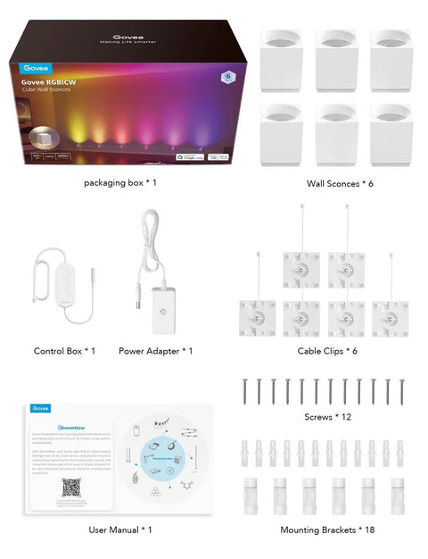 Modern Cube Wall Sconces With Adjustable Cable Distance And Smart RGBic LED Fixture That Hooks Up To Alexa For Chill Living Room Vibes And Fast Plug And Play Mounting Anytime You Want Dope Accents, including packaging and accessories.