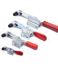 Heavy Duty Horizontal Toggle Clamps Set Of Twenty Pieces Featuring Quick Release Cam Action And Adjustable Tension For Kickass Woodworking Jigs And Shop Build Tasks, showing four sizes with red handles.
