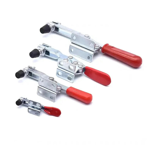 Heavy Duty Horizontal Toggle Clamps Set Of Twenty Pieces Featuring Quick Release Cam Action And Adjustable Tension For Kickass Woodworking Jigs And Shop Build Tasks, showing four sizes with red handles.