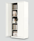 Heavy Duty Lockable Steel Storage Cabinet With Four Adjustable Shelves 71 Inch Tall Holds 400 Lbs Per Shelf Non Toxic Zero VOC For Garage Shop Office Or Warehouse White Finish, open with books
