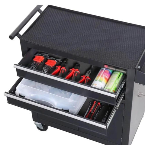 Heavy Duty Portable Tool Box Cart With Double Drawers, Mobile Metal Tool Cabinet For Auto Repair And Garage, open drawers showing tools