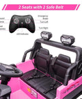 Powerful 24V Kids Ride On Dual Seat Electric Car with Remote Control showing dual seats, seat belts, and steering wheel in pink