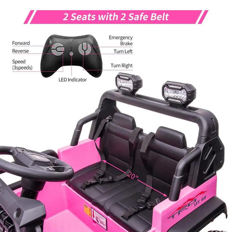 Powerful 24V Kids Ride On Dual Seat Electric Car with Remote Control showing dual seats, seat belts, and steering wheel in pink