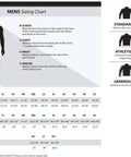 Men's sizing chart for Carbon Snowmobile Suit Set with Hydraguard Pro Tech, showing measurements for sleeve, chest, waist, inseam.