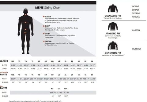 Men's sizing chart for Carbon Snowmobile Suit Set with Hydraguard Pro Tech, showing measurements for sleeve, chest, waist, inseam.