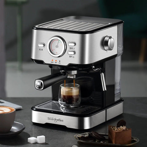 Semi Automatic Espresso Maker With Built In Grinder And Milk Frother brewing espresso, stainless steel body, compact design.
