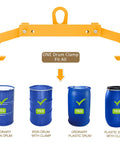 Heavy Duty Vertical Drum Clamp That Hoists 1100 Lb Steel Or Plastic Barrels With Ease For Warehouse Jobs And Industrial Moves Without Breaking The Bank, shown fitting various drum types.