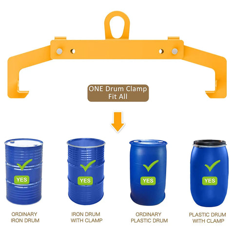 Heavy Duty Vertical Drum Clamp That Hoists 1100 Lb Steel Or Plastic Barrels With Ease For Warehouse Jobs And Industrial Moves Without Breaking The Bank, shown fitting various drum types.