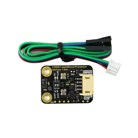 MmWave Presence Sensor C4001 24GHz Human Detection module with multicolored cables, I2C and UART compatible.
