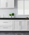 Brushed Nickel Cabinet Handles 10 Pack, Seven And One Half Inch Center To Center installed on white kitchen cabinets