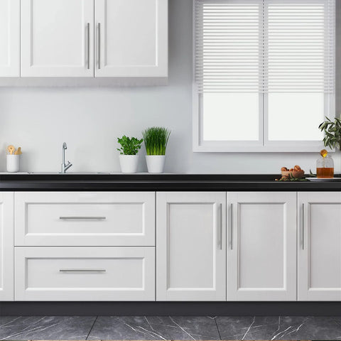 Brushed Nickel Cabinet Handles 10 Pack, Seven And One Half Inch Center To Center installed on white kitchen cabinets
