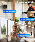 Total Game Changer 8MP 4K POE PTZ Security Camera Surveillance Kit With Smooth Pan Tilt Zoom Remote Viewing Built For Outdoors And Sharp Day Or Night Footage To Watch Your Place showing two-way audio feature, delivery person at door.