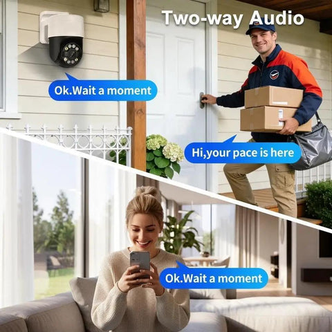 Total Game Changer 8MP 4K POE PTZ Security Camera Surveillance Kit With Smooth Pan Tilt Zoom Remote Viewing Built For Outdoors And Sharp Day Or Night Footage To Watch Your Place showing two-way audio feature, delivery person at door.