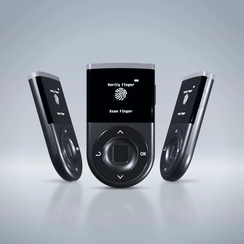 Secure Your Crypto Stash With This Top Shelf Biometric Hardware Wallet Featuring Certified Security Chip Fingerprint Authentication Bluetooth Sync And Rock Solid Offline Cold Storage, showing three angles of a compact device.