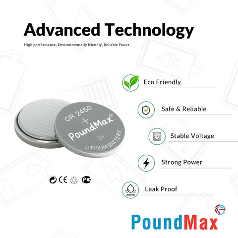 Premium Cr2450 3V Lithium Button Cell Batteries 5 Count For Car Key Fobs Remote Controls Desk Calculators And Smart Electronic Devices Delivers Big Time Power With Solid Long Haul Reliability You Can Count On - close-up of CR2450 battery.