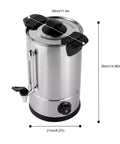 Party Ready Commercial Coffee Urn And Tea Maker 8L Large Stainless Steel Beverage Dispenser with dimensions for events.