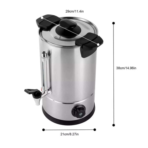 Party Ready Commercial Coffee Urn And Tea Maker 8L Large Stainless Steel Beverage Dispenser with dimensions for events.