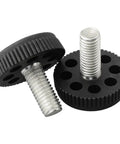 10 Pack Adjustable Furniture Leveling Feet M10 Thread, Height Adjustable Foot Risers For Home Tables And Cabinets, top view of black plastic screw-in levelers