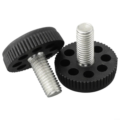 10 Pack Adjustable Furniture Leveling Feet M10 Thread, Height Adjustable Foot Risers For Home Tables And Cabinets, top view of black plastic screw-in levelers