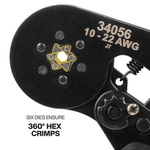 Close-up of Ratcheting Ferrule Crimping Tool Set With Hex Pliers For 10-22 AWG Wire, showing hex crimper with six dies