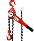 Front view of red 3-ton manual lever chain hoist with steel chain and dual hooks