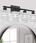 Four Light Vanity Fixture With Matte Black Finish And Crystal Lampshades For Bathroom Over Mirror, modern indoor lighting