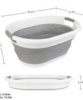 Collapsible Laundry Basket 39L 10.3 Gallon Portable Sink Multipurpose Plastic Bin, gray, dimensions shown.