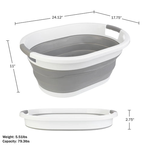 Collapsible Laundry Basket 39L 10.3 Gallon Portable Sink Multipurpose Plastic Bin, gray, dimensions shown.