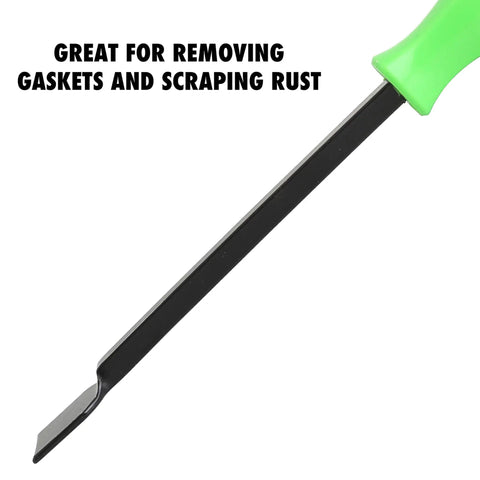 Heavy Duty Automotive Gasket Scraper With Heat Treated Steel Blade Ten And A Half Inch Extended Reach And Sure Grip Handle