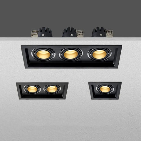 Top Shelf Adjustable Recessed Lighting Kit Featuring Gimbal Eyeball Downlights 15W Square Can 6000K Daylight installed in ceiling.