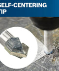 Close-up of self-centering tip of Gt2000 4 Piece Carbide Tipped Glass And Tile Bit Set For DIY Friendly Pro Grade Precision With Diamond Ground Edges And Reinforced Head To Cut Glass Or Tile Like A Pro drilling into surface.