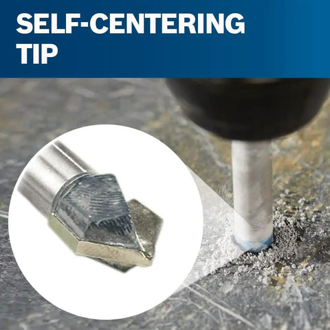 Close-up of self-centering tip of Gt2000 4 Piece Carbide Tipped Glass And Tile Bit Set For DIY Friendly Pro Grade Precision With Diamond Ground Edges And Reinforced Head To Cut Glass Or Tile Like A Pro drilling into surface.