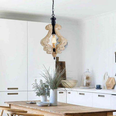 Rustic Farmhouse Pendant Light with Adjustable Height, Wooden Island Chandelier hanging over kitchen table.