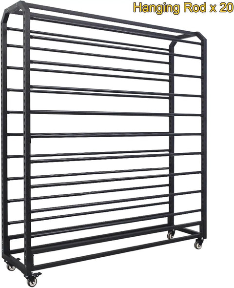Heavy Duty Commercial Roll Storage Rack With Wheels holds vinyl leather wallpaper and window film on metal frame with adjustable rods.