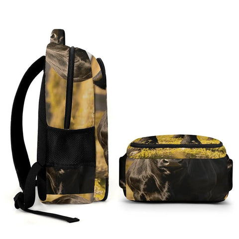 Side view of Black Longhorn Bull Printed Unisex Backpack With Large Capacity, Durable Polyester Daypack For School Or Travel
