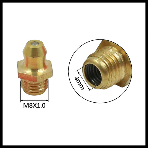 Brass M8x1.0 Grease Nipple Fittings Kit showing straight fitting with detailed thread view for universal garage use