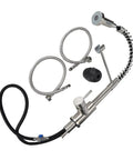 Maqulae 304 Stainless Steel Kitchen Faucet with Rotatable Gooseneck for parts and hoses including nozzle and control handle.