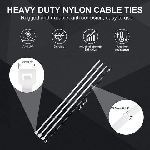 8 Inch Self Locking Nylon Cable Ties Heavy Duty White 100 Pack For Indoor And Outdoor Use showing dimensions and material