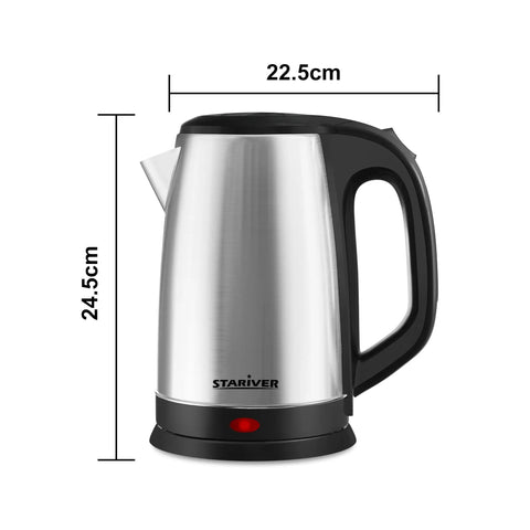 Two And A Half Liter Electric Kettle For Big Family Use With Fast Boil Stainless Steel BPA Free Water Heater 2.5L 10 To 12 Cups Auto Shut Off Boil Dry Protection, side view with dimensions