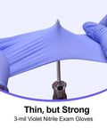 Premium Violet Nitrile Exam Gloves 3 Mil Medium 100 Pack Box stretched to show flexibility and durability in use.
