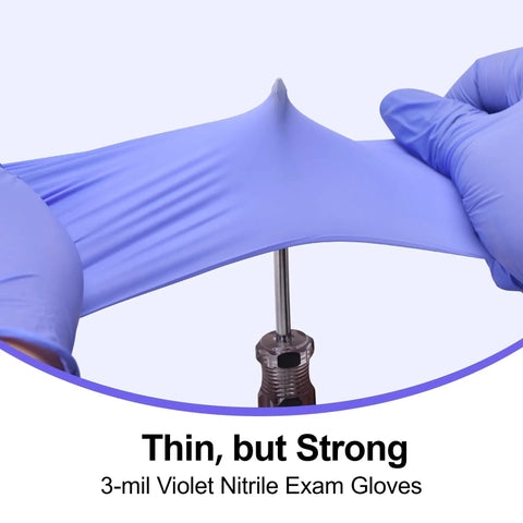 Premium Violet Nitrile Exam Gloves 3 Mil Medium 100 Pack Box stretched to show flexibility and durability in use.