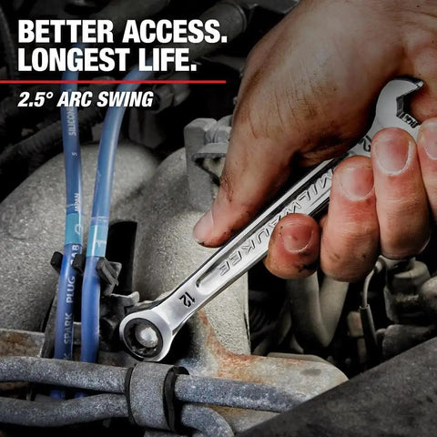 Close-up of hand using 7 Piece Ratcheting SAE Wrench Set In Tough Polycarbonate Case Delivers Smooth Mechanical Ratcheting Action