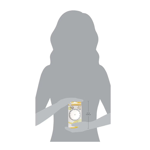 Illustration of person holding a 2.25 Inch Scalloped Circle Punch For Scrapbooks And Card Making, shows size and packaging