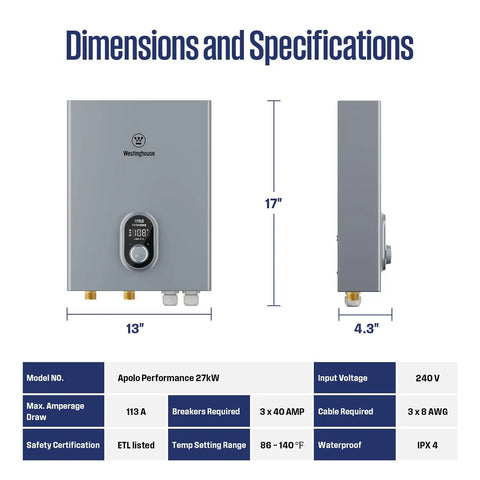 Electric Tankless Water Heater 27Kw 240V Whole House Model dimensions and specifications showing 17" height and 13" width.