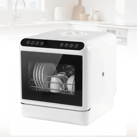 Portable Countertop Dishwasher With 6L Tank And 360 Dual Spray Arms For Heavy Duty Grease Removal Made For Renters And Dorms, white unit with dishes inside.