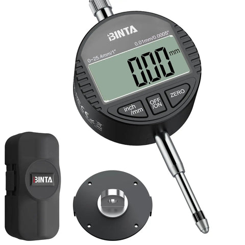 Pro Grade Digital Dial Indicator 1 Inch With 0.0005 Inch Resolution, LCD Readout, Zinc Alloy Body With Rear Cover