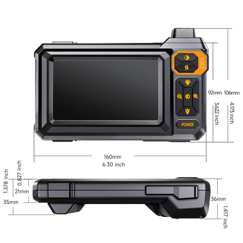 Handheld Borescope Camera With Built-In 4.3 Inch Display, 1080P Snake Camera, 16.5 Ft Cable, 8 LEDs, IP67 Waterproof, 1800mAh Battery, No Phone Needed, Perfect For Automotive, Plumbing, HVAC, And Wall Inspections, front and side dimensions