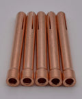 Five copper collets from TIG Welding Torch Consumables Kit With 10N24 And 10N32 Three Thirty Second Inch Collets, air or water cooled systems.