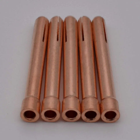 Five copper collets from TIG Welding Torch Consumables Kit With 10N24 And 10N32 Three Thirty Second Inch Collets, air or water cooled systems.